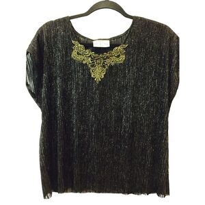 Jessica Stevens Top Black Round Neck Cap‎ Sleeves Rib Knit Gold Accent Metallic